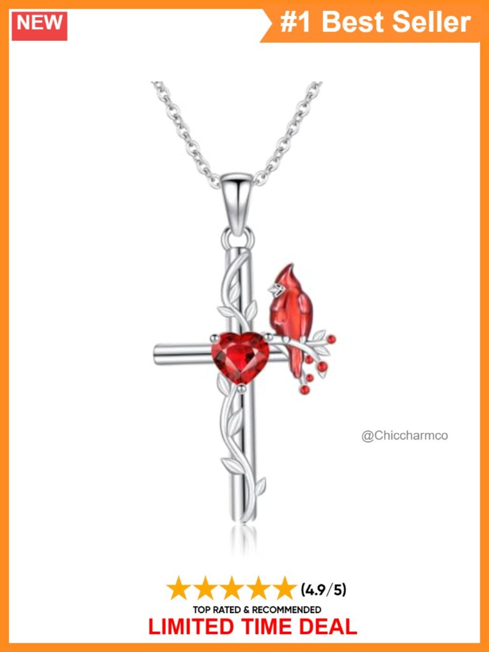 Garnet Cardinal Cross Pendant Necklace 925 Sterling Silver Adjustable